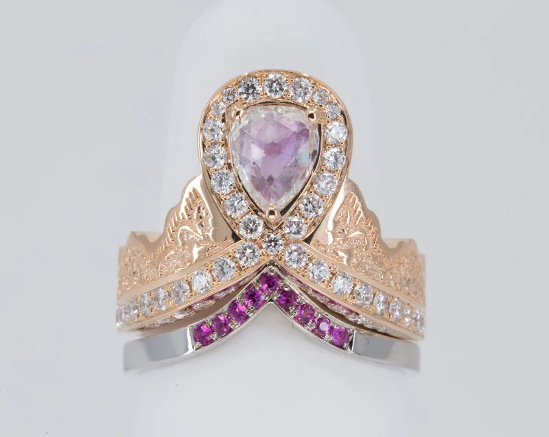 0.52 ct Rose Cut Pear Diamond Ring in 14K Rose Gold with a Matching Pink Sapphire and Diamond Ring in 14K White Gold - Size 6