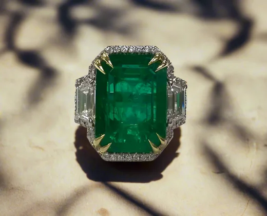 Wrenley 8.55 Carats Emerald Cut Emerald Gemstone Ring in Platinum By Mike Nekta NYC