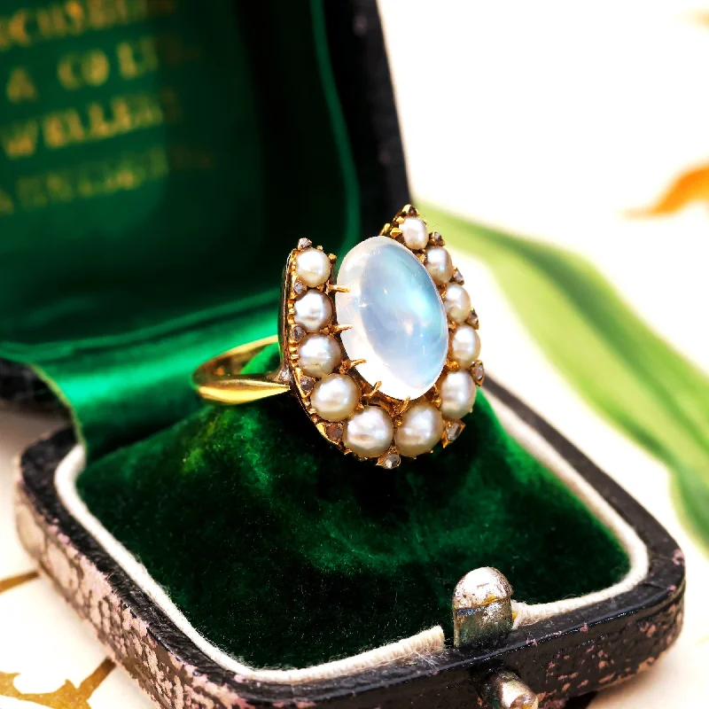 Dreamy Antique Moonstone & Pearl Horseshoe Ring