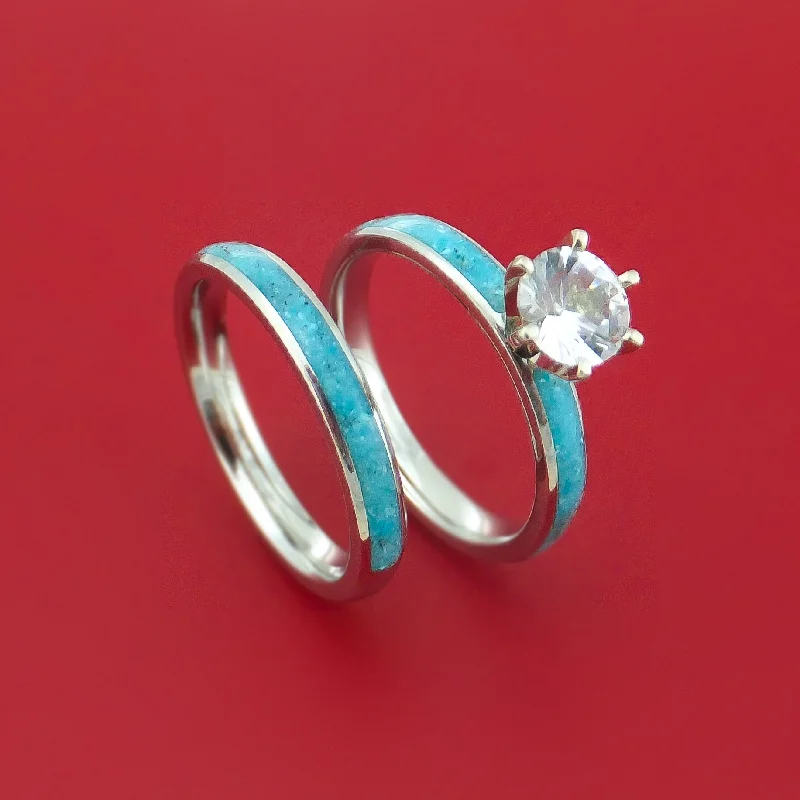 Cobalt Chrome and White Sapphire Engagement and Wedding Ring Set with Turquoise Inlay Custom Made