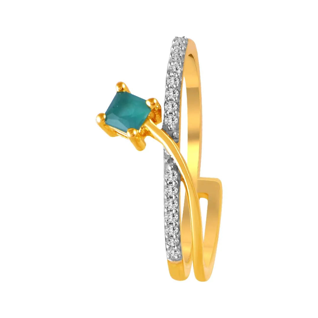 14K Diamond-studded Gold Ring With A Green-stoned Floral Design In The Centre