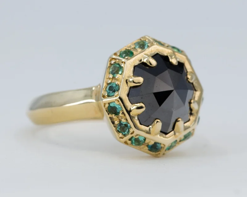 1.80 ct Black Octagon Diamond and Emerald Engagement Ring in 14K Yellow Gold - Size 5.5