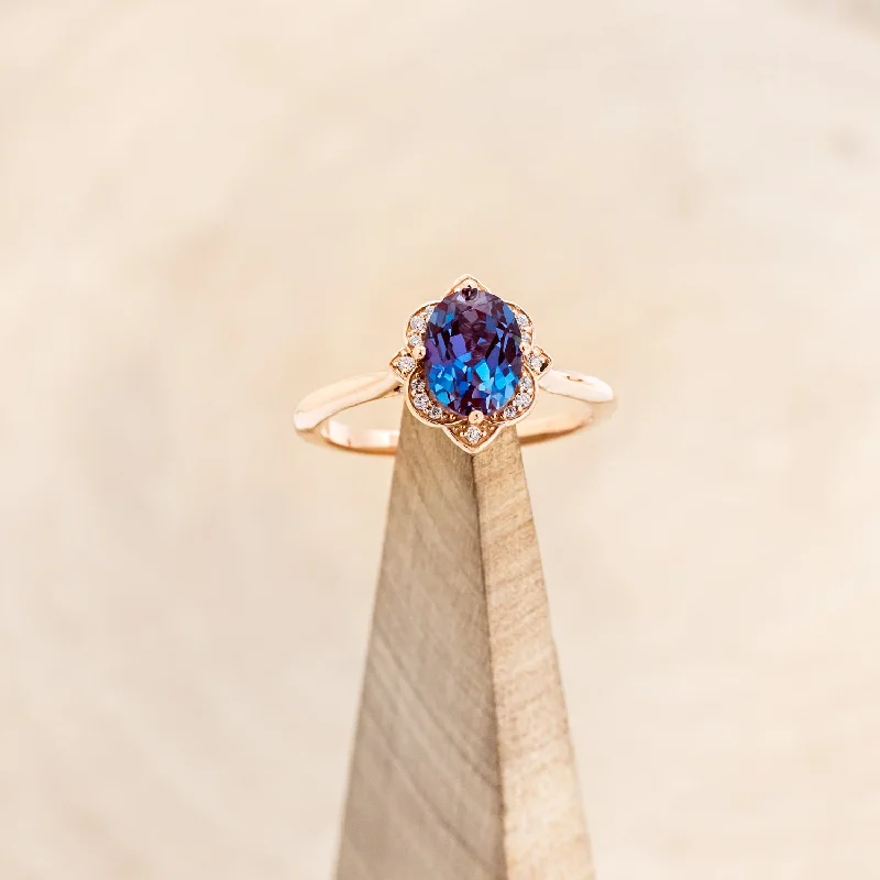 "JANE" - OVAL LAB-GROWN ALEXANDRITE ENGAGEMENT RING WITH DIAMONDS ACCENTS