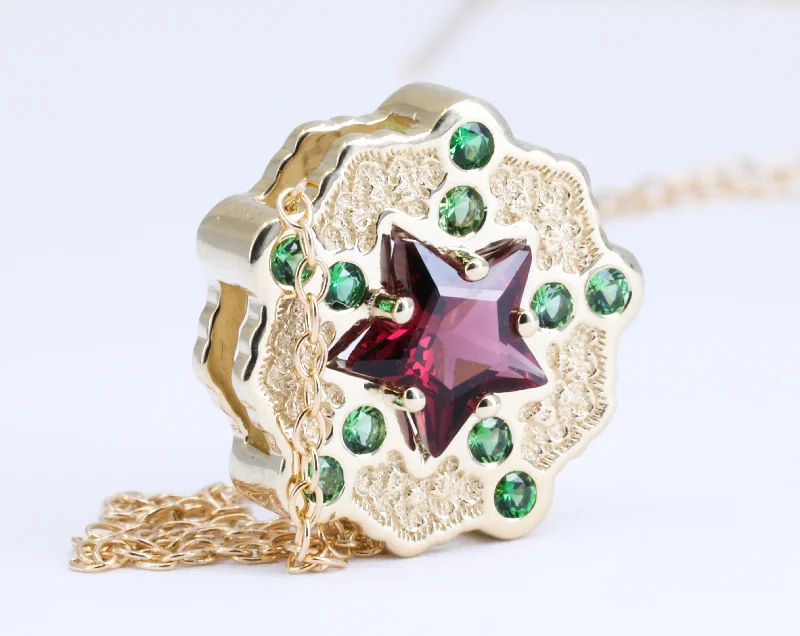 14K Yellow Gold Lace Pendant with Rhodolite Garnet Star and Tourmalines