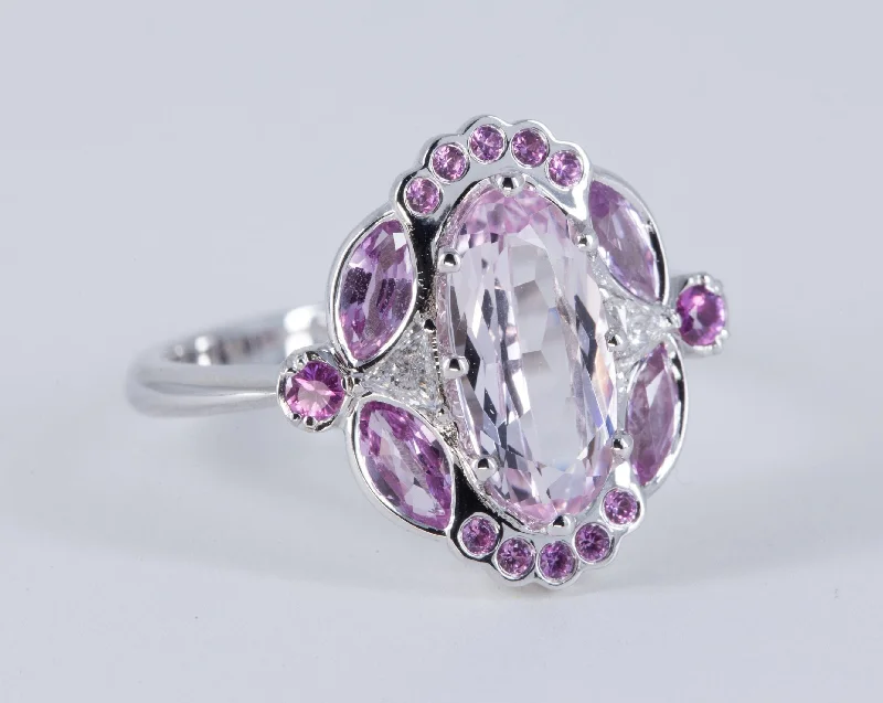 1.36 ct Unique Morganite Engagement Ring with Pink Sapphires and Diamonds in 14K White Gold - Size 6.5