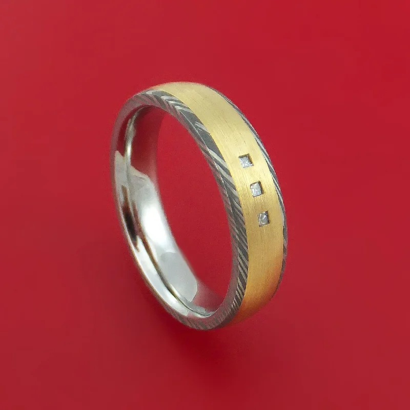 Damascus Steel and 14k Yellow Gold Ring with Diamonds Custom Made Band