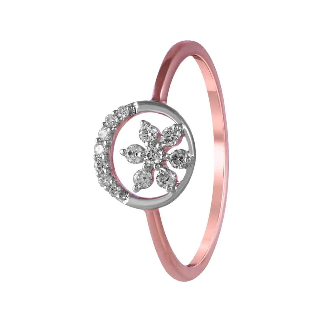 14K Rose Gold Ring Featuring A Circular Design And A Flower In The Centre