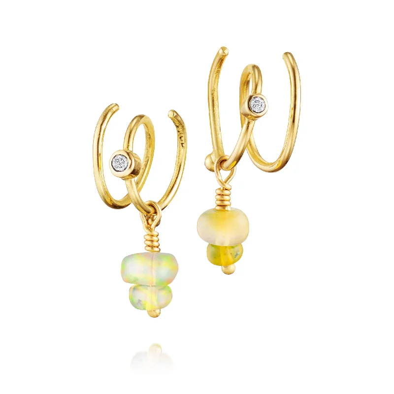 Spiral 18K Gold Hoops w. Diamonds & Opals