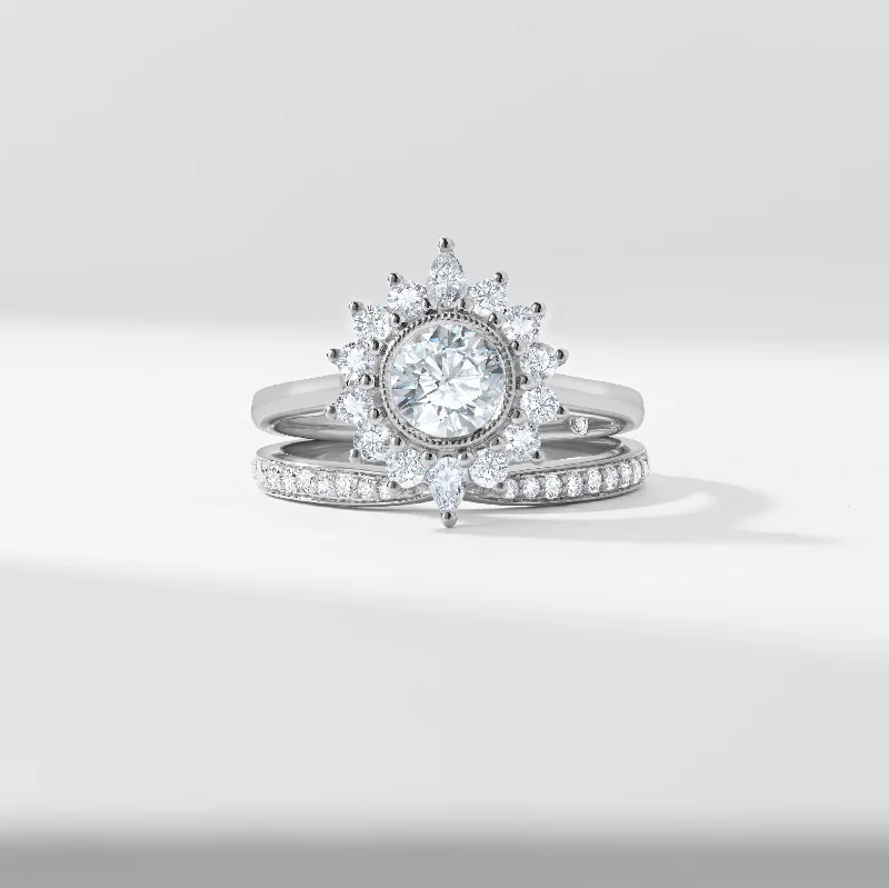 0.75ct Round Brilliant Diamond Milgrain Bezel Centre With Fancy Halo Bridal Set 1.60tdw