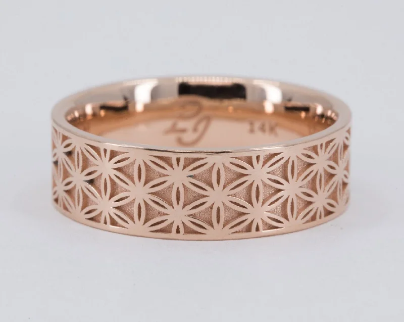 14K Rose Gold Flower of Life Comfort Fit Men's Wedding Ring - Size 7