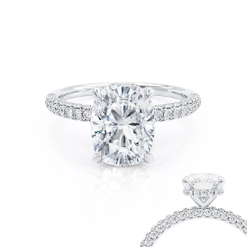 COCO - Elongated Cushion Cut Lab Diamond 18k White Gold Petite Hidden Halo Triple Pavé