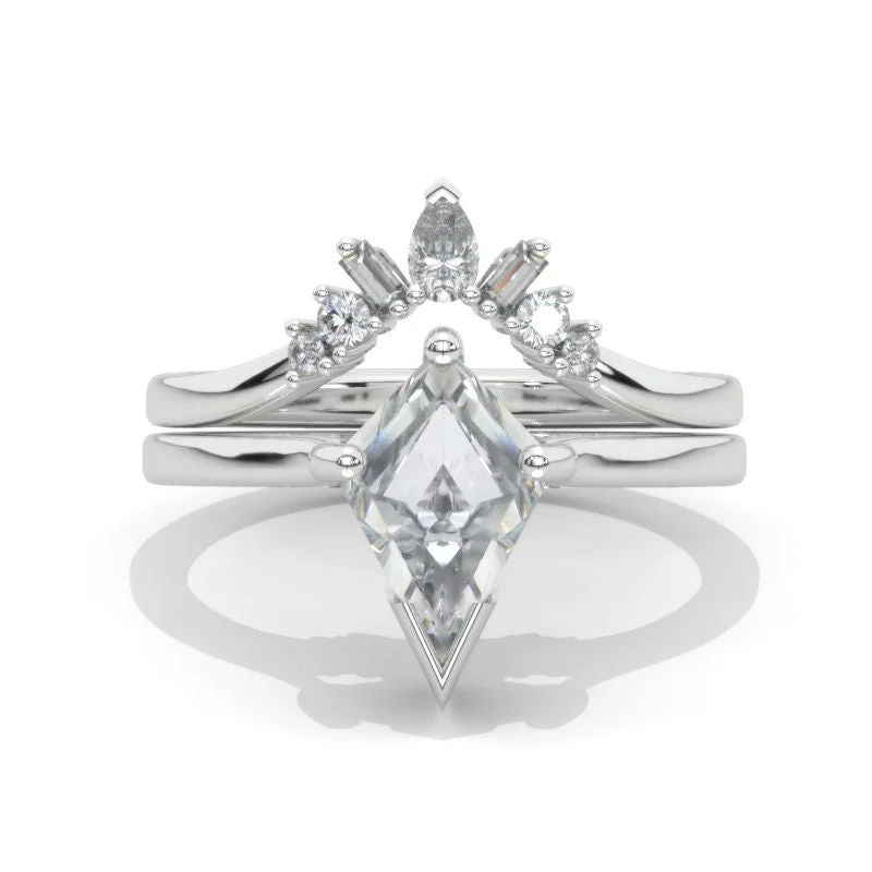 14K White Gold 3 Carat Kite Moissanite Halo Engagement Ring, Rings Set