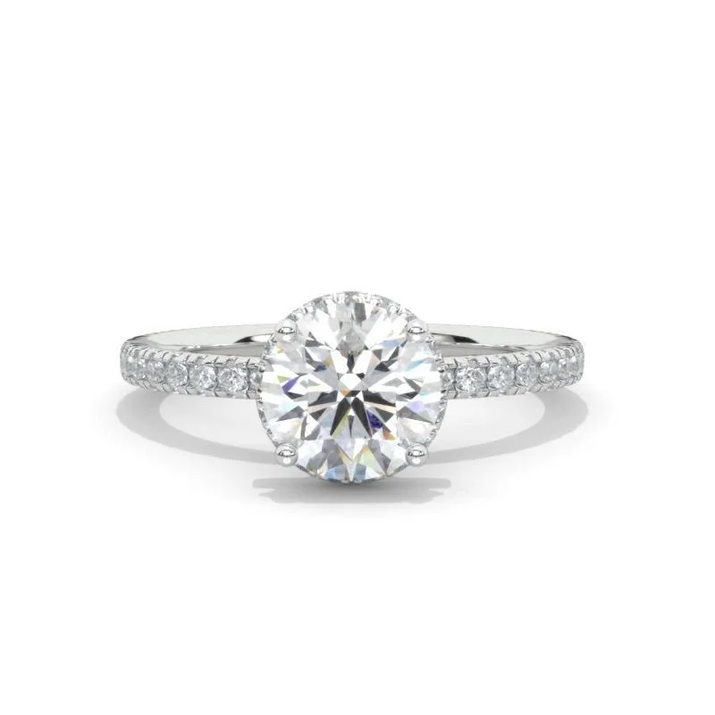 2 Carat Round Moissanite Hidden Halo Engagement Ring, Four Prongs Moissanite Ring, Victorian 14K White Gold Ring