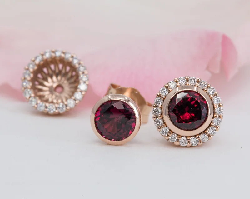 Garnet Stud Earrings with Matching Diamond Halo Jackets