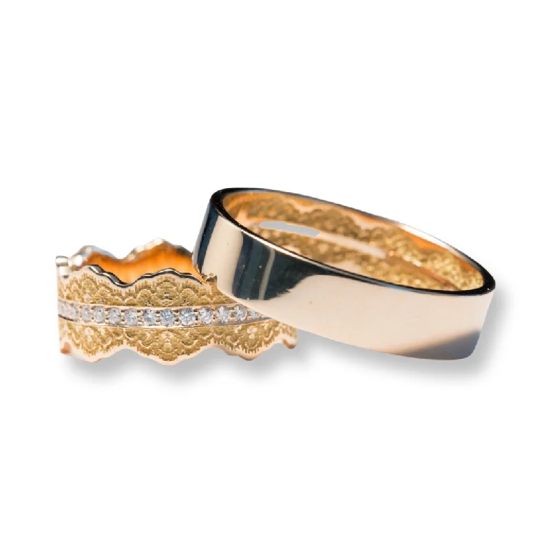 Couples Matching Esme Lace Wedding Ring Set with Diamonds