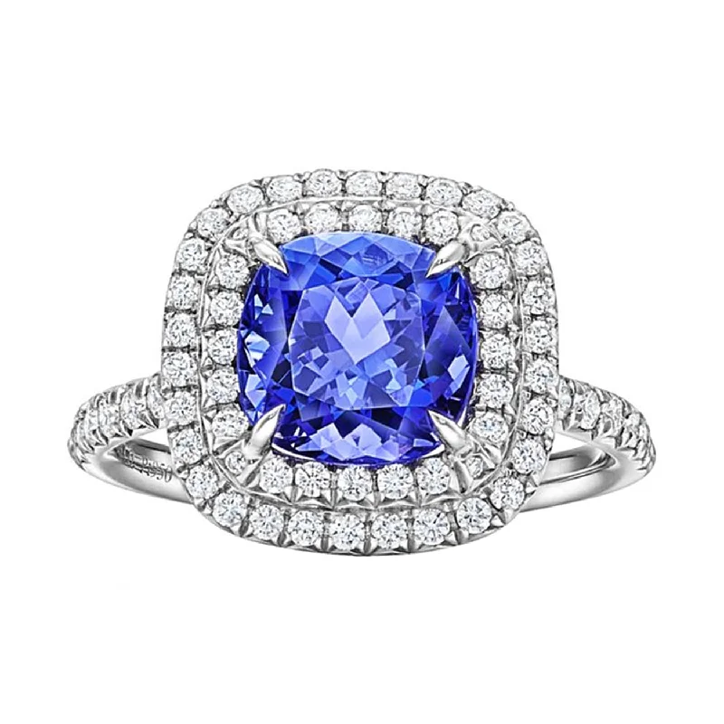 Tiffany & Co Soleste Cushion Cut Tanzanite Double Halo Round Diamond Ring