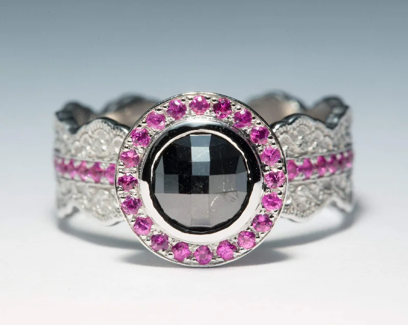 14K White Gold Lace Engagement Ring with a Rose Cut Black Diamond and Pink Sapphires  - Size 6.5