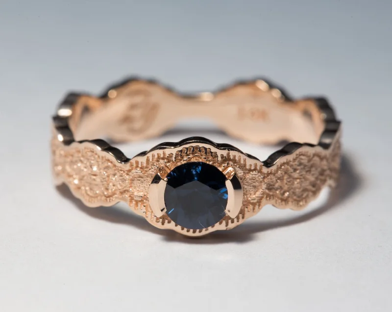 14K Rose Gold Lace Engagement Ring with a Dark Blue Spinel - Size 6.25