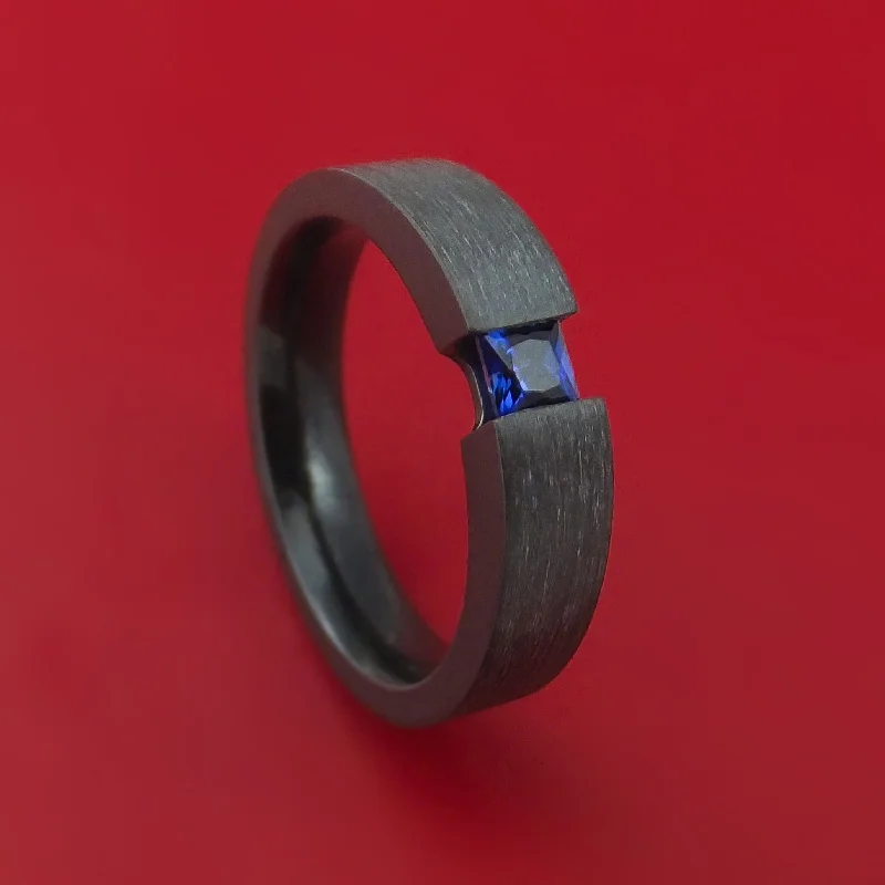 Black Zirconium Ring with Blue Sapphire Custom Made Band