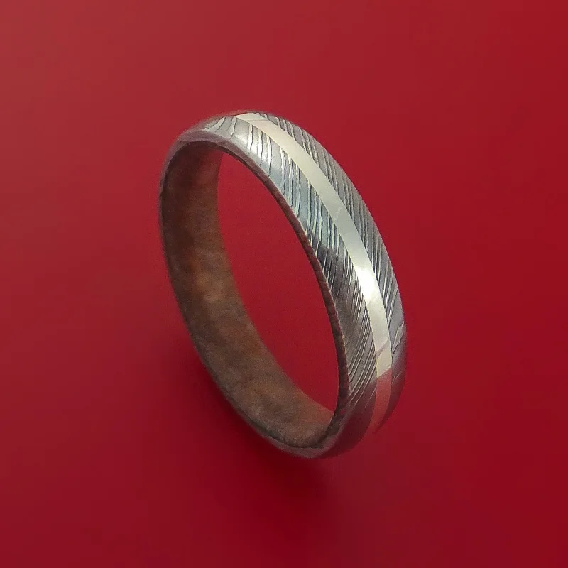 Damascus Steel Ring with Palladium Silver Inlay and Interior Hardwood Sleeve Custom Made Band