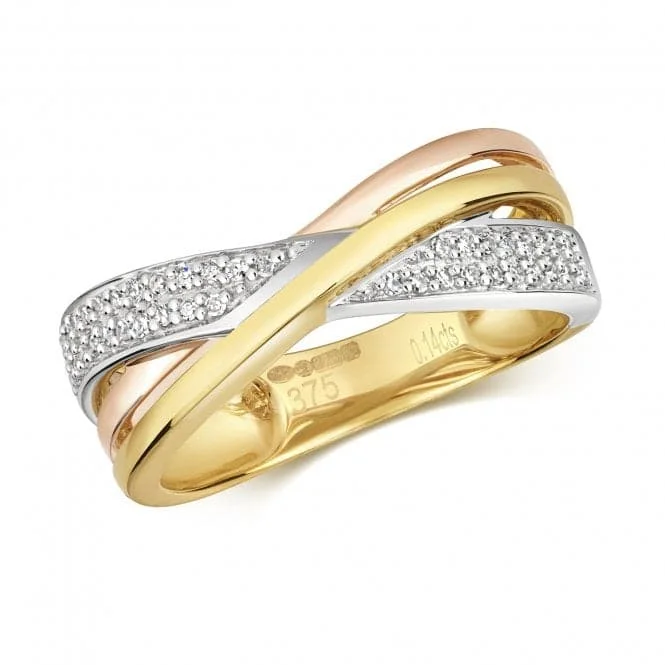 Diamond Jewellery 9k Tricolor Gold Diamond Crossover Ring RD382