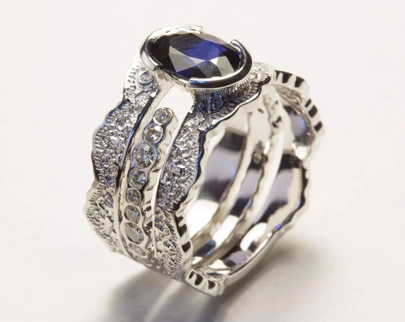 Blue Sapphire and Diamond Lace Engagement Ring Set