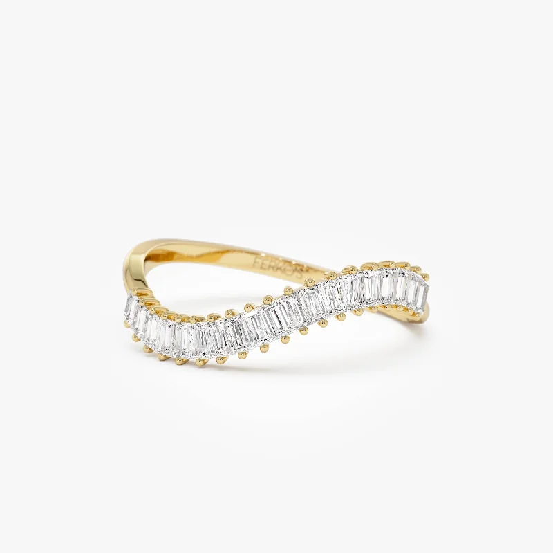 14k Unique Wave Design Baguette Diamond Ring