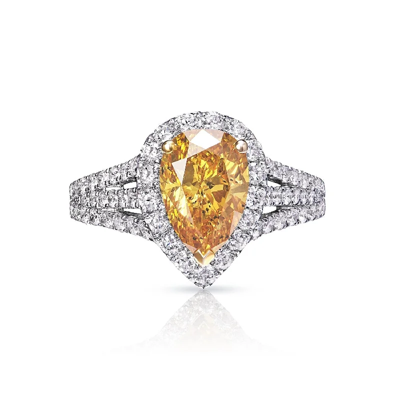 Valerie 3 Carat Fancy Vivid Yellow Orange Pear Shape Diamond Engagement Ring in 18k White Gold