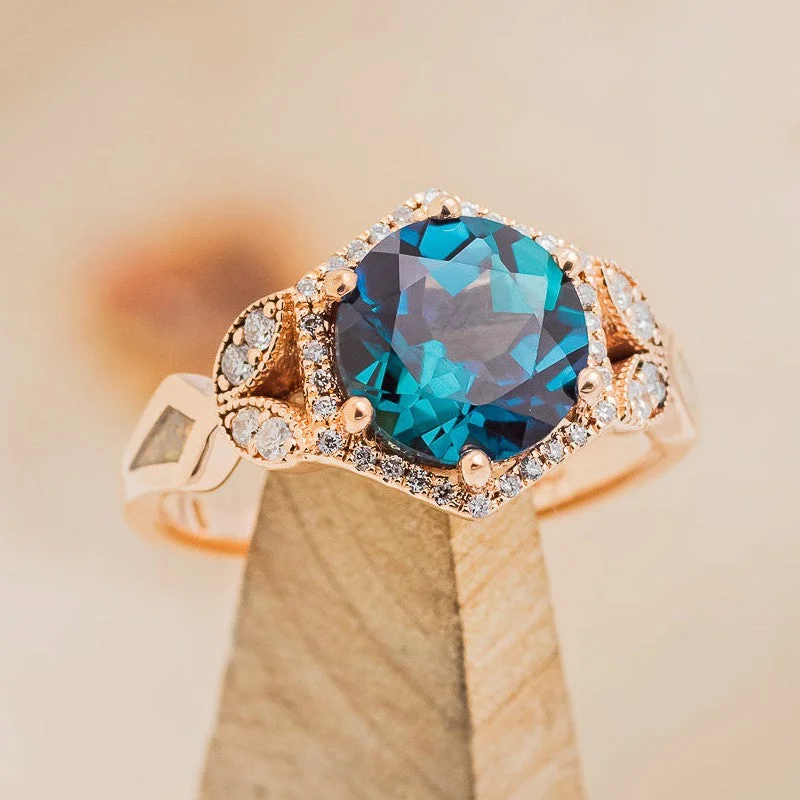 "LUCY IN THE SKY" - ROUND CUT LAB-GROWN ALEXANDRITE ENGAGEMENT RING WITH DIAMOND ACCENTS & FIRE AND ICE OPAL INLAYS