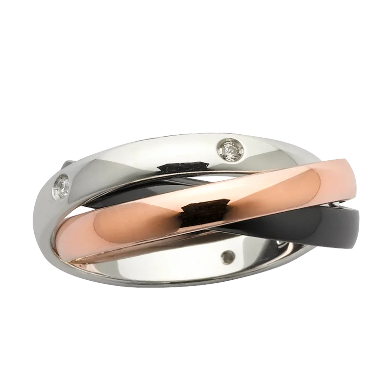 Custom Russian Diamond Women's Wedding Ring - White Gold, Rose Gold & Black Zirconium