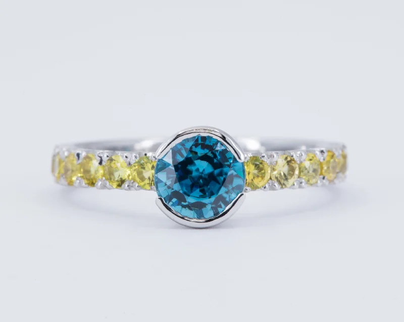 1.58 ct Blue Zircon Engagement Ring with Yellow Sapphires - Size 7