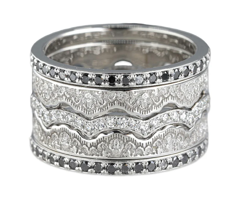 Maeve Lace Crown and Diamonds Stacking Wedding Ring Set