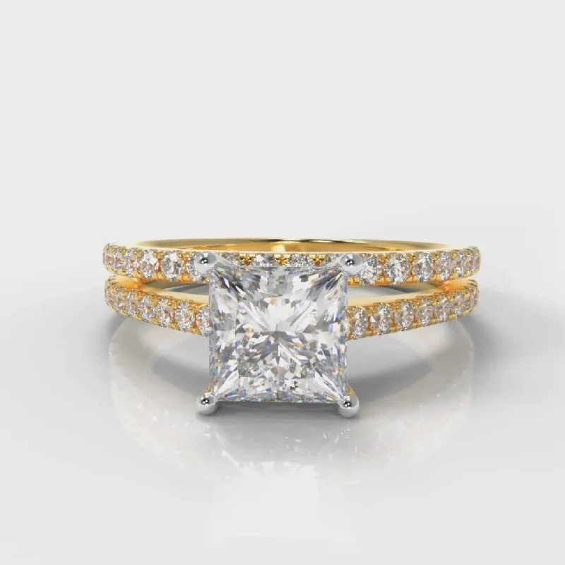 Petite Micropavé Princess Cut Diamond Bridal Set - Yellow Gold