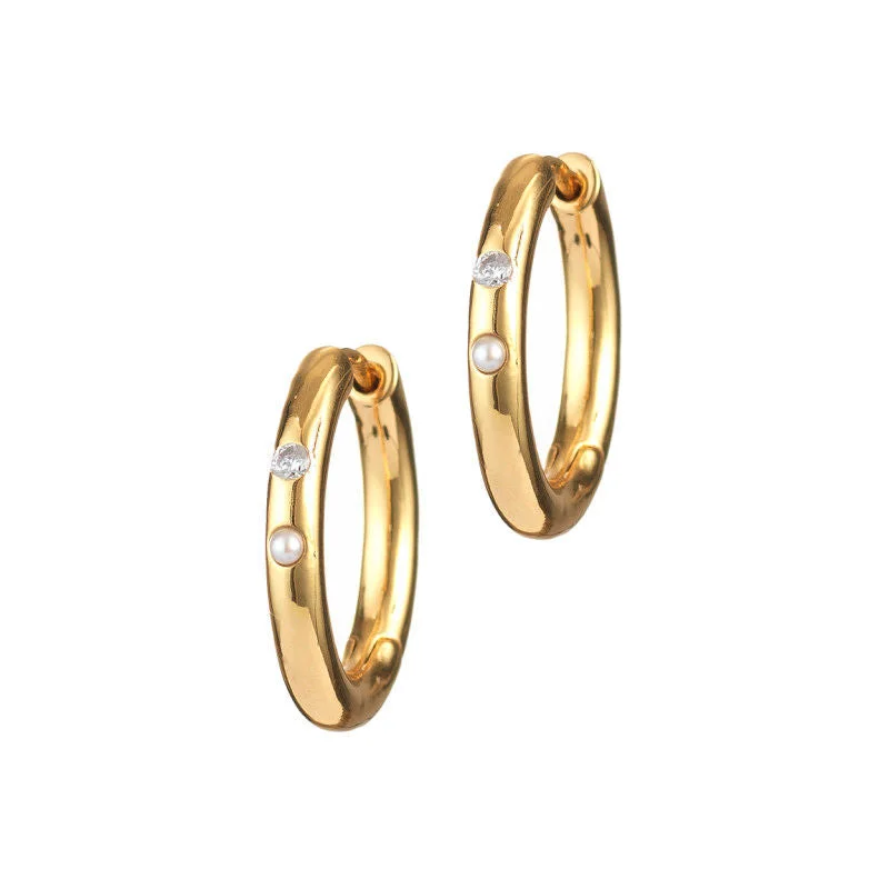 Brigitte Gold Plated Hoops w. Zirconia & Pearls