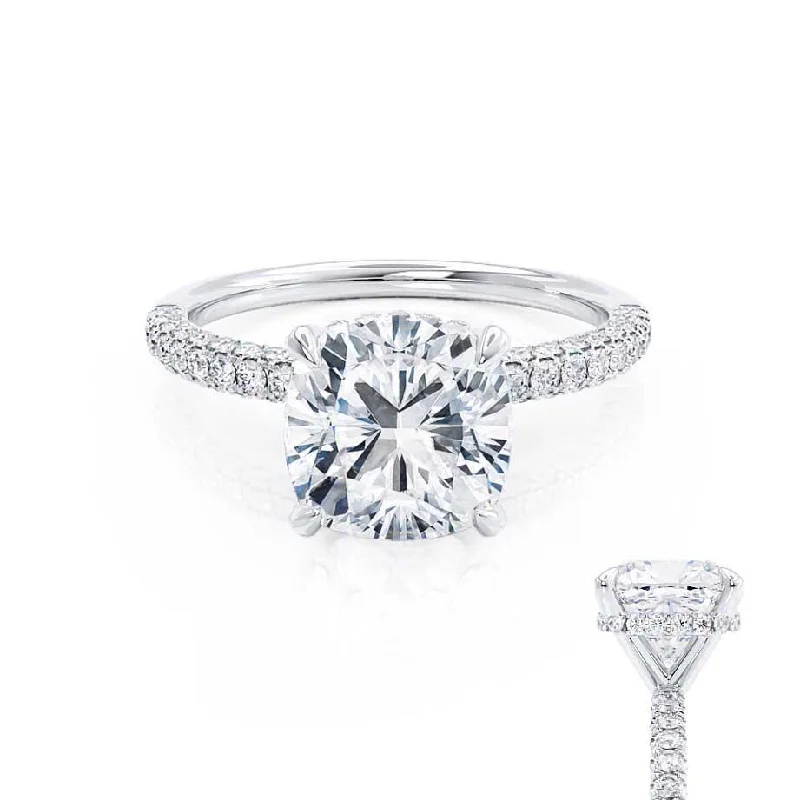 COCO - Cushion Cut Lab Diamond 18k White Gold Petite Hidden Halo Triple Pavé