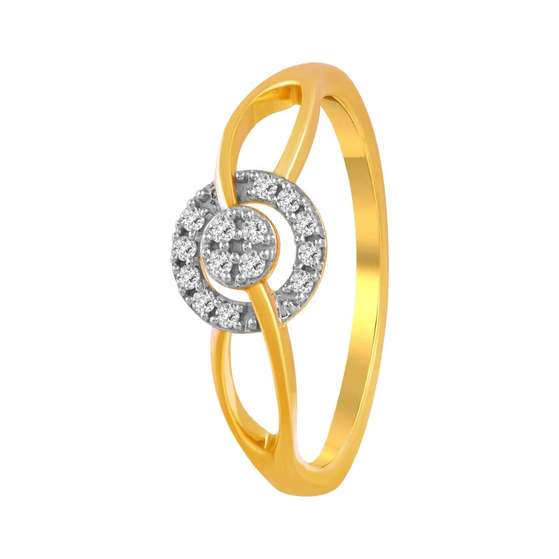 14K Gold Ring With A Curved Design And A Diamond Studded Circular Cluster Set On The Band