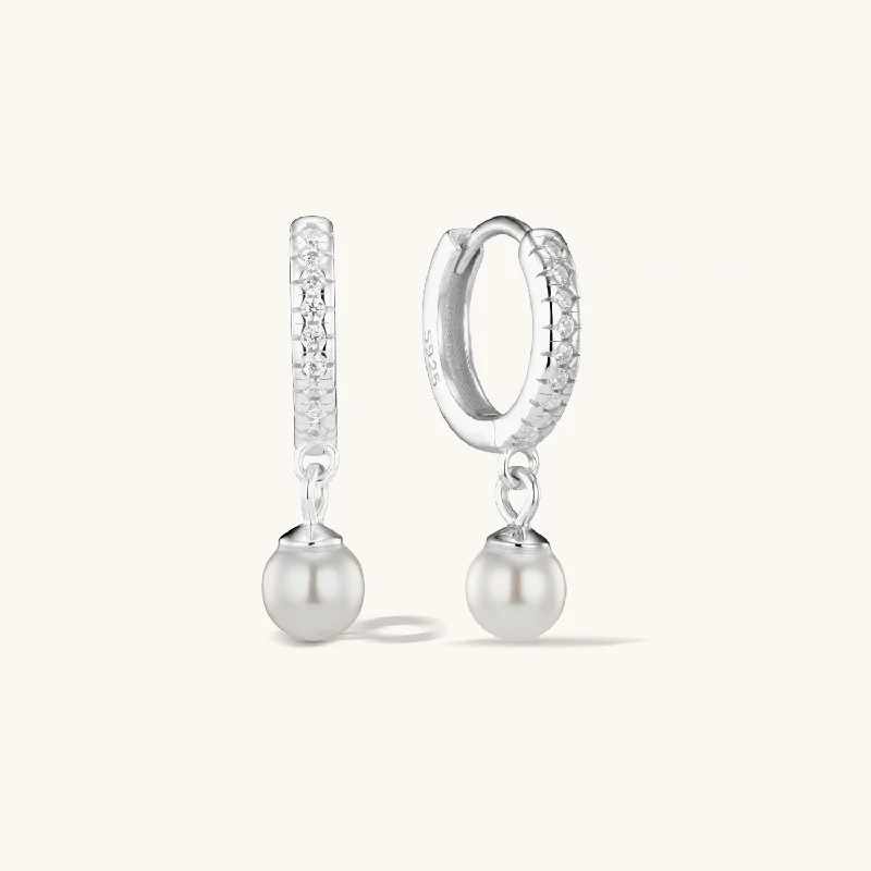 Crystal Pearl Hoop Earrings Silver