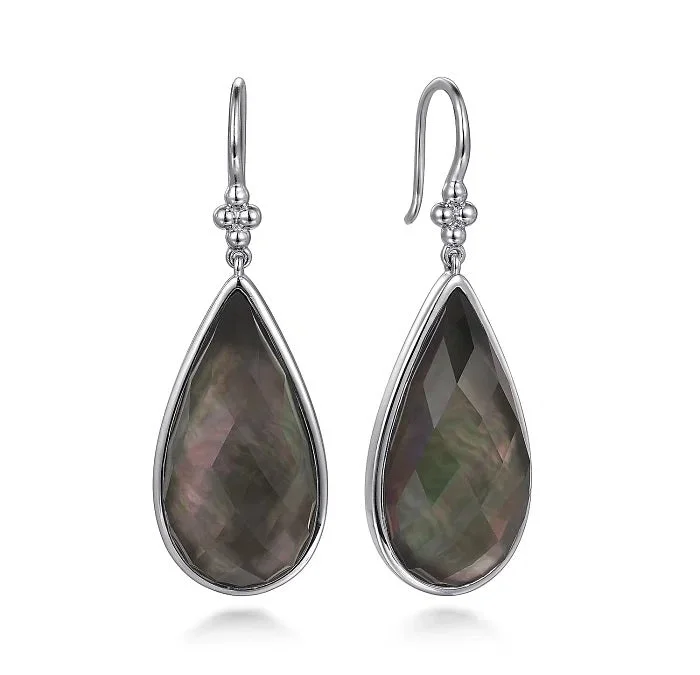 Sterling Silver Rock Crystal and Black MOP Doublet Fish Wire Teardrop Earrings