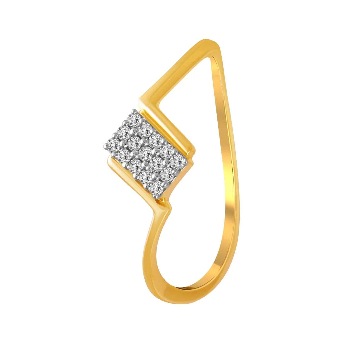 14K Gold Ring With A Rectangular Diamond Cluster Set On A Curved Gold Band