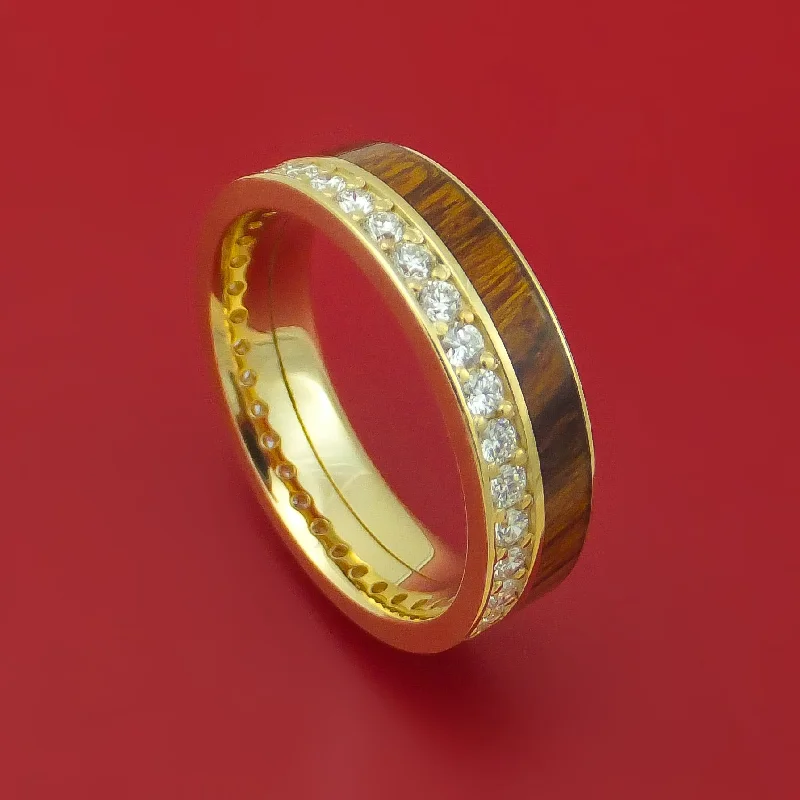 14k Yellow Gold Ring with Hardwood Inlay and Diamonds Custom Made Band