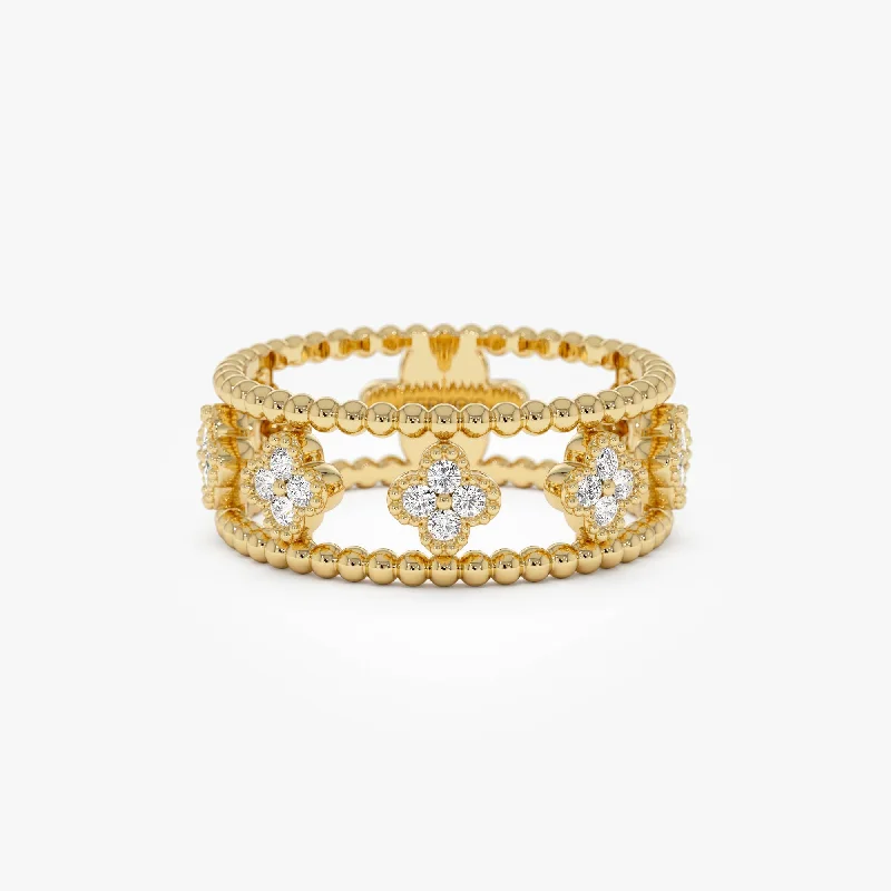 14k Double Band Diamond Clover Ring