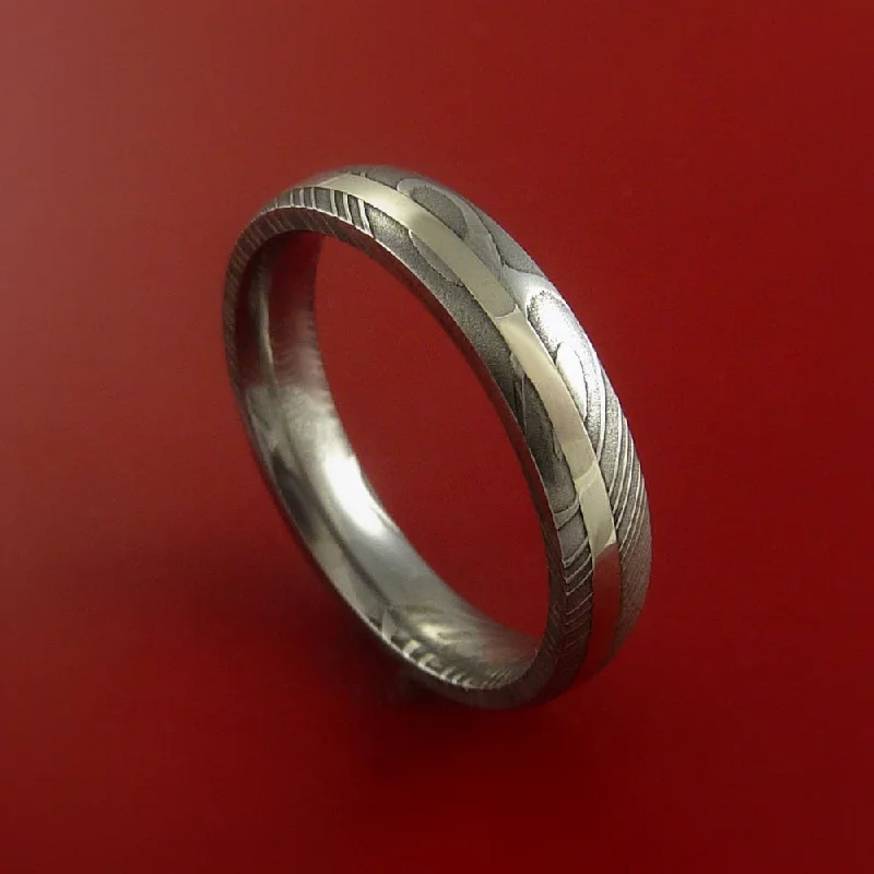 Damascus Steel Ring with 14K White Gold Inlay Custom Made Band