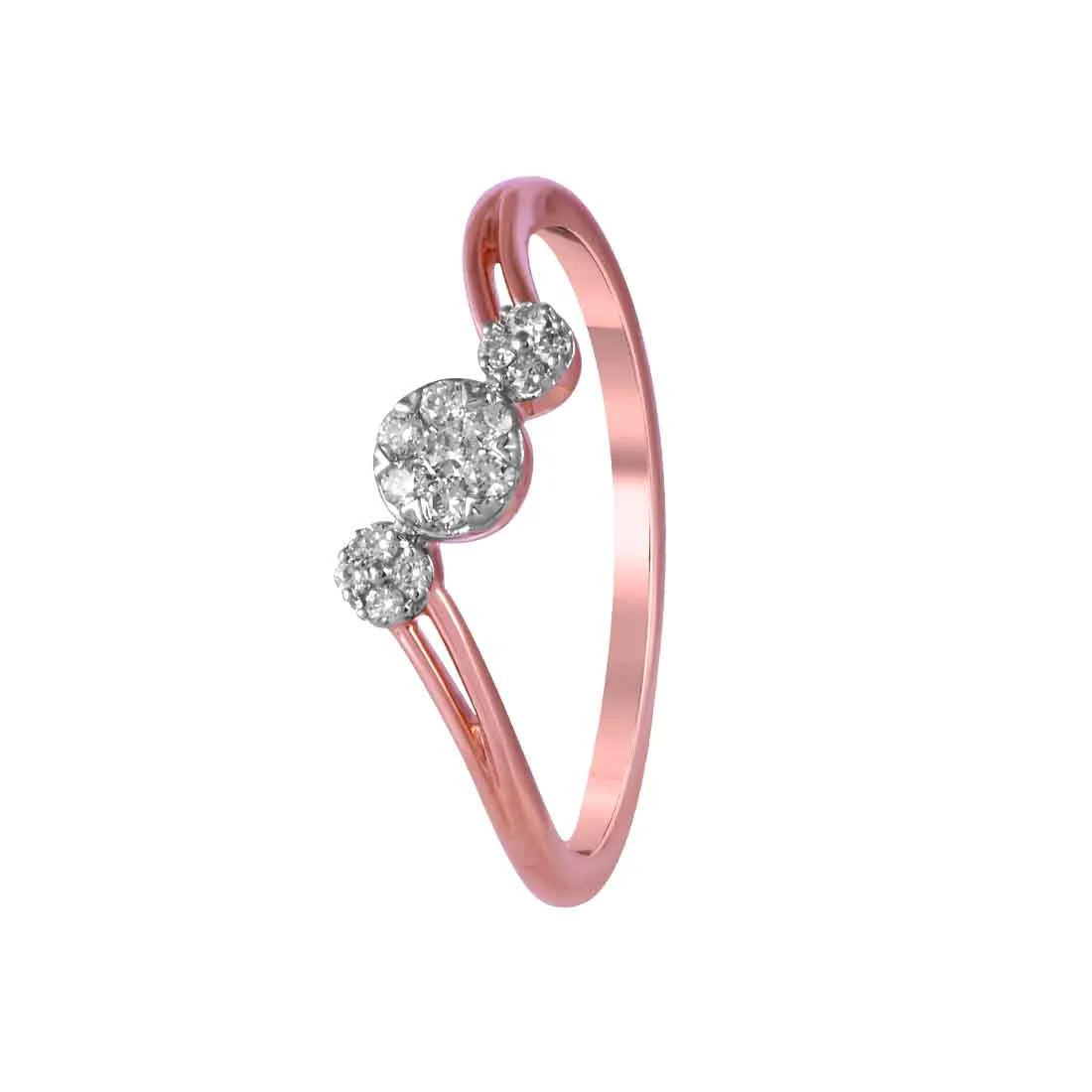 14K Rose Gold Ring With V-shaped Design And Three Circular Diamond Clusters Set Along The Curve