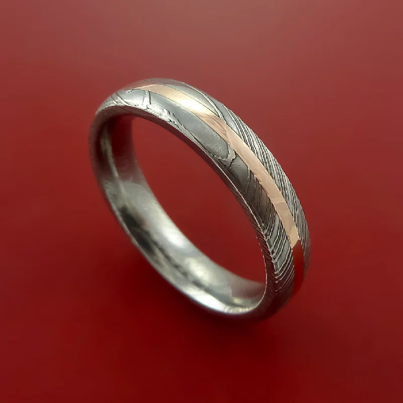 Damascus Steel Ring with 14k Rose Gold Inlay Custom Made Band