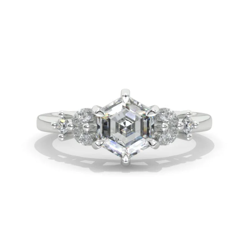 3 Carat Hexagon Moissanite Cluster Halo 14K White Gold Engagement Ring