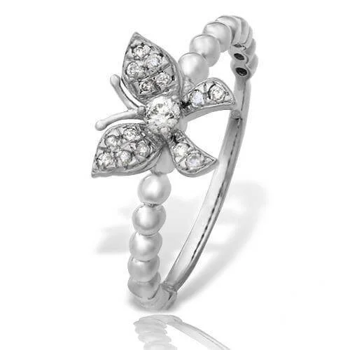 14KW 0.20CTW DIAMOND BUTTERFLY RING - BEADED SHANK