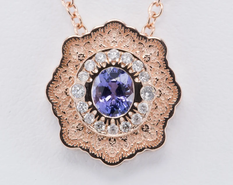 Tanzanite and Diamond Lace Pendant in 14K Rose Gold