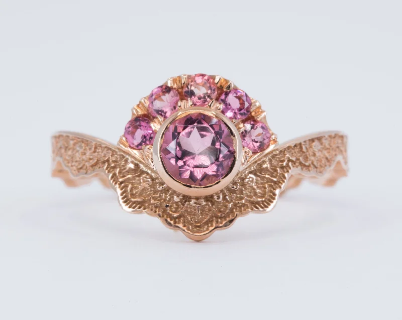 14K Rose Gold Lace Ring with Pink Tourmaline Gemstones - Size 7.25