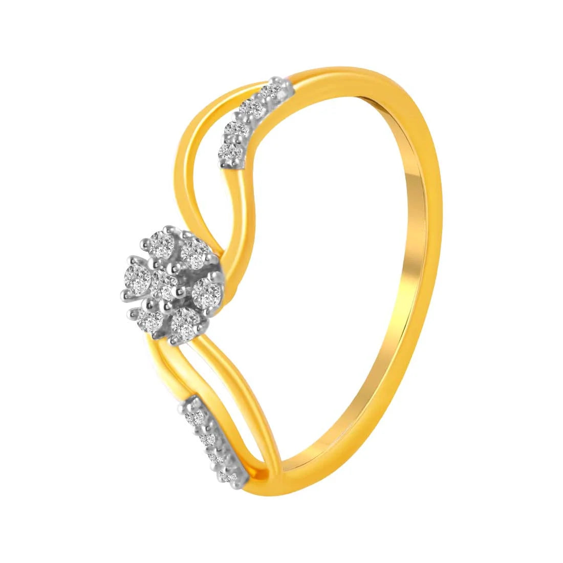 14K Gold Ring With Diamond-studded Curved Bands And A Floral Design In The Centre