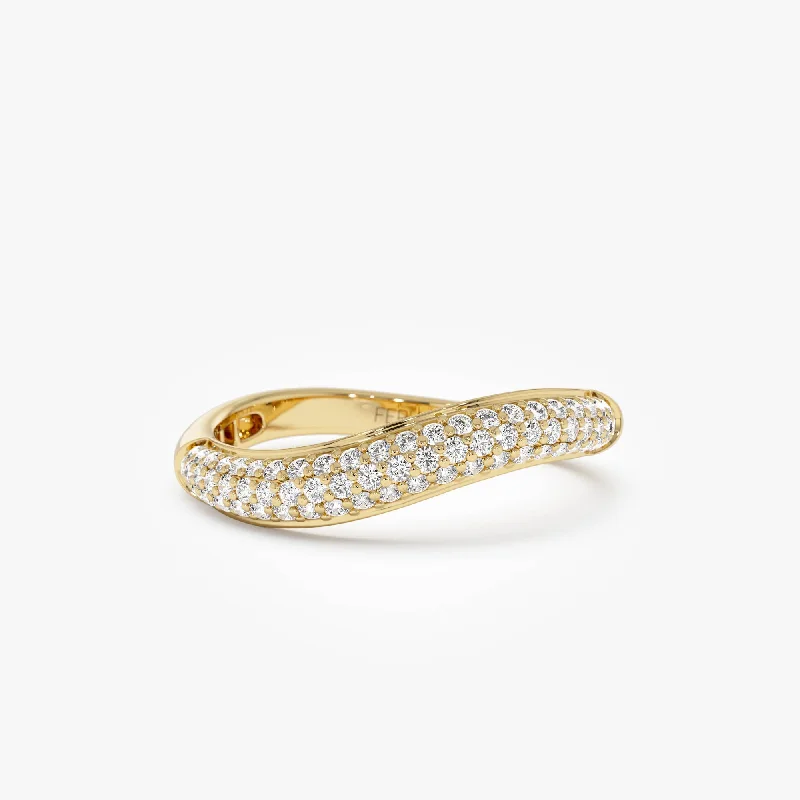 14k Three Row Diamond Pave Wave Ring